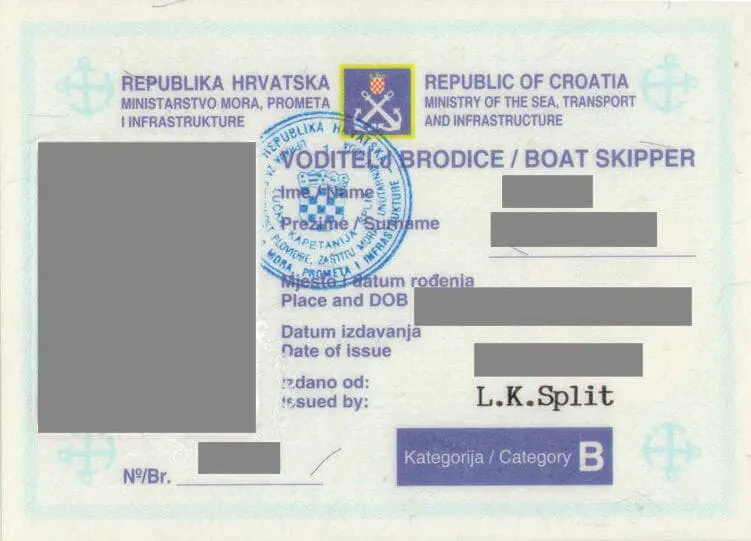 Example of boat licence issued by Croatia